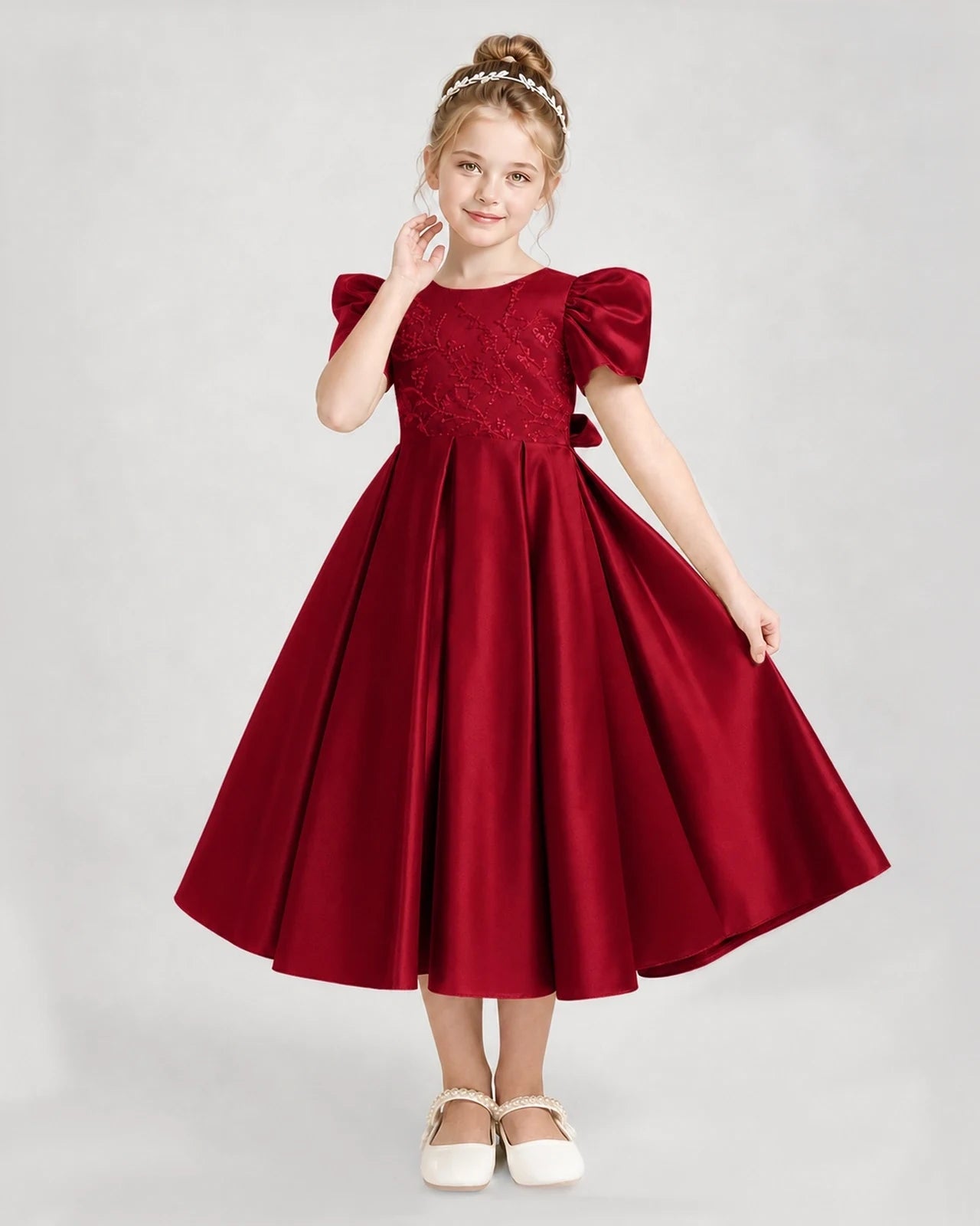 Burgundy Satin Embroidered A-Line Girls Formal Dresses Front View