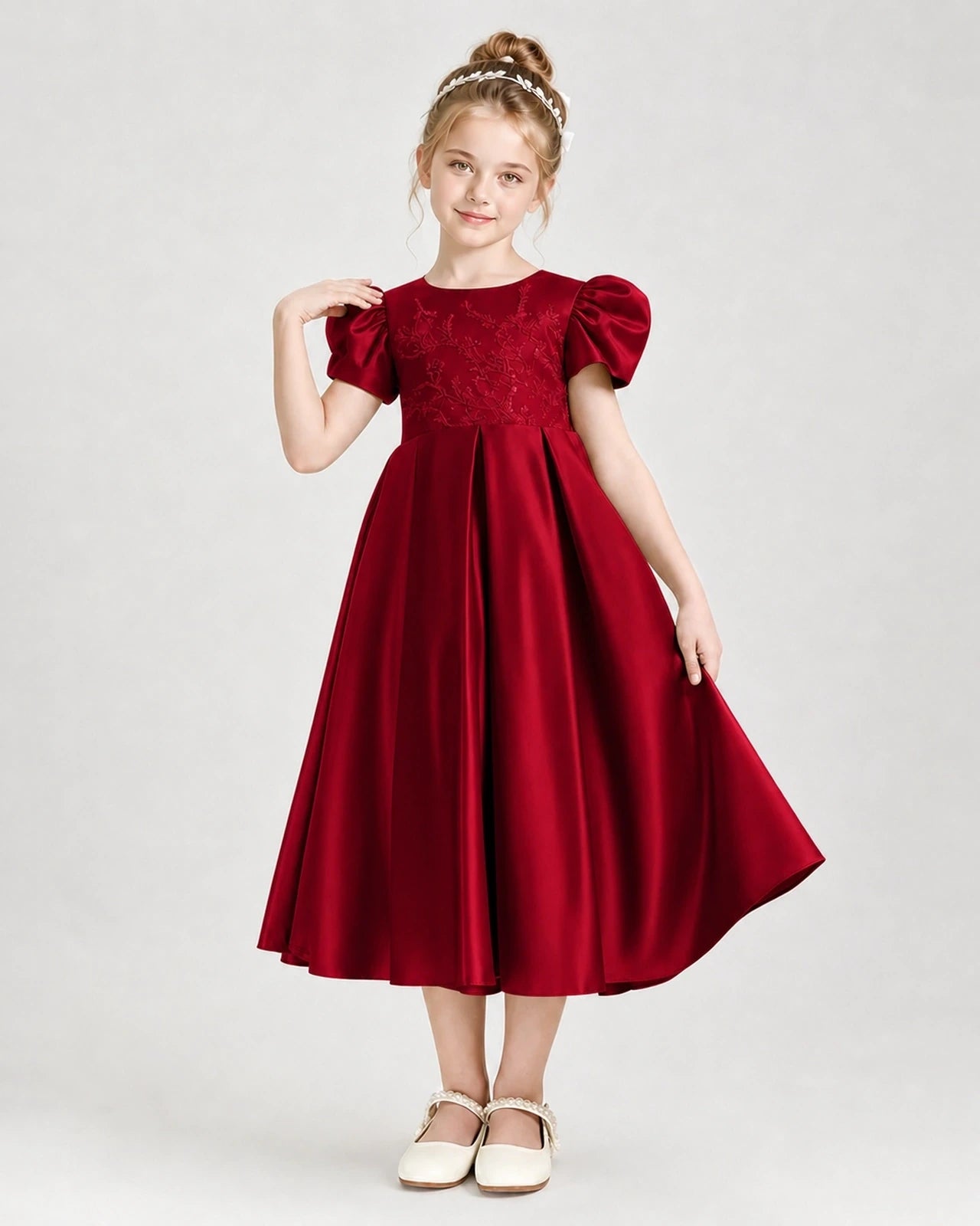 Dideyttawl Embroidered Satin Girl Formal Dress with Puff Sleeves
