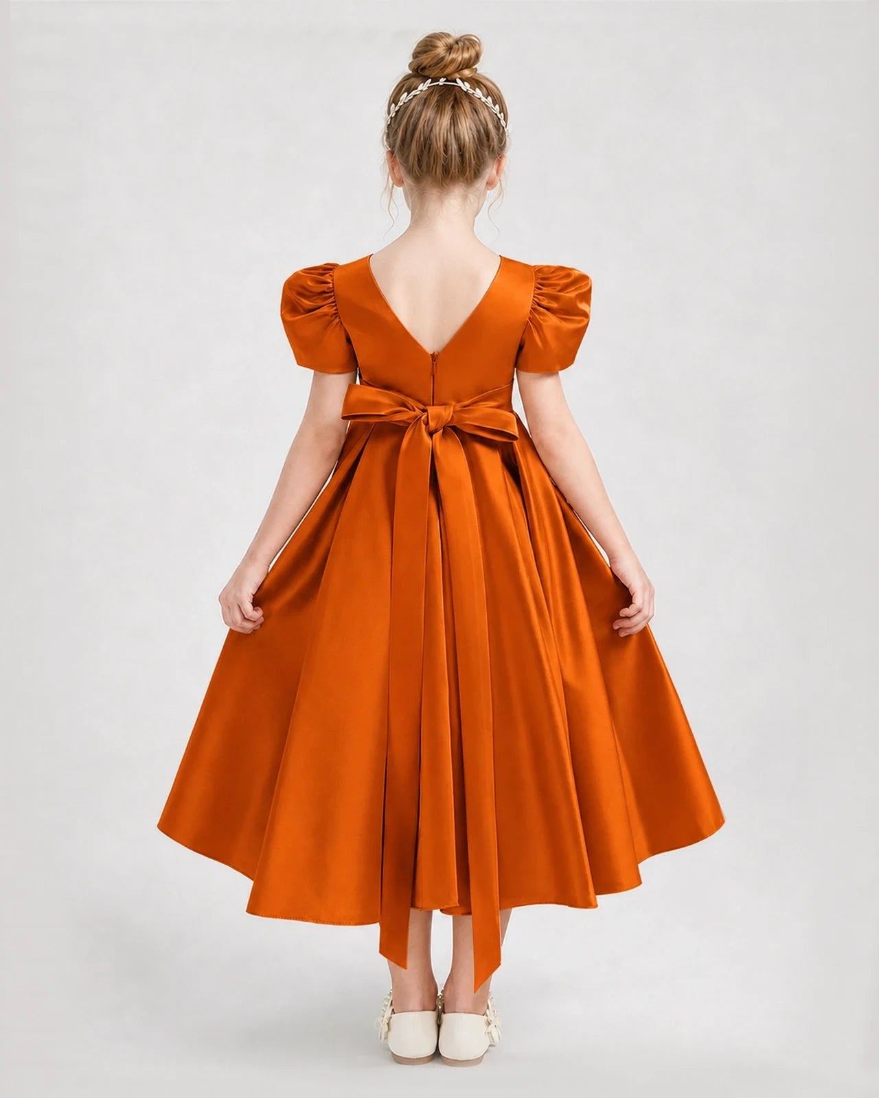 Dideyttawl Embroidered Satin Girl Formal Dress with Puff Sleeves