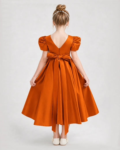 Dideyttawl Embroidered Satin Girl Formal Dress with Puff Sleeves