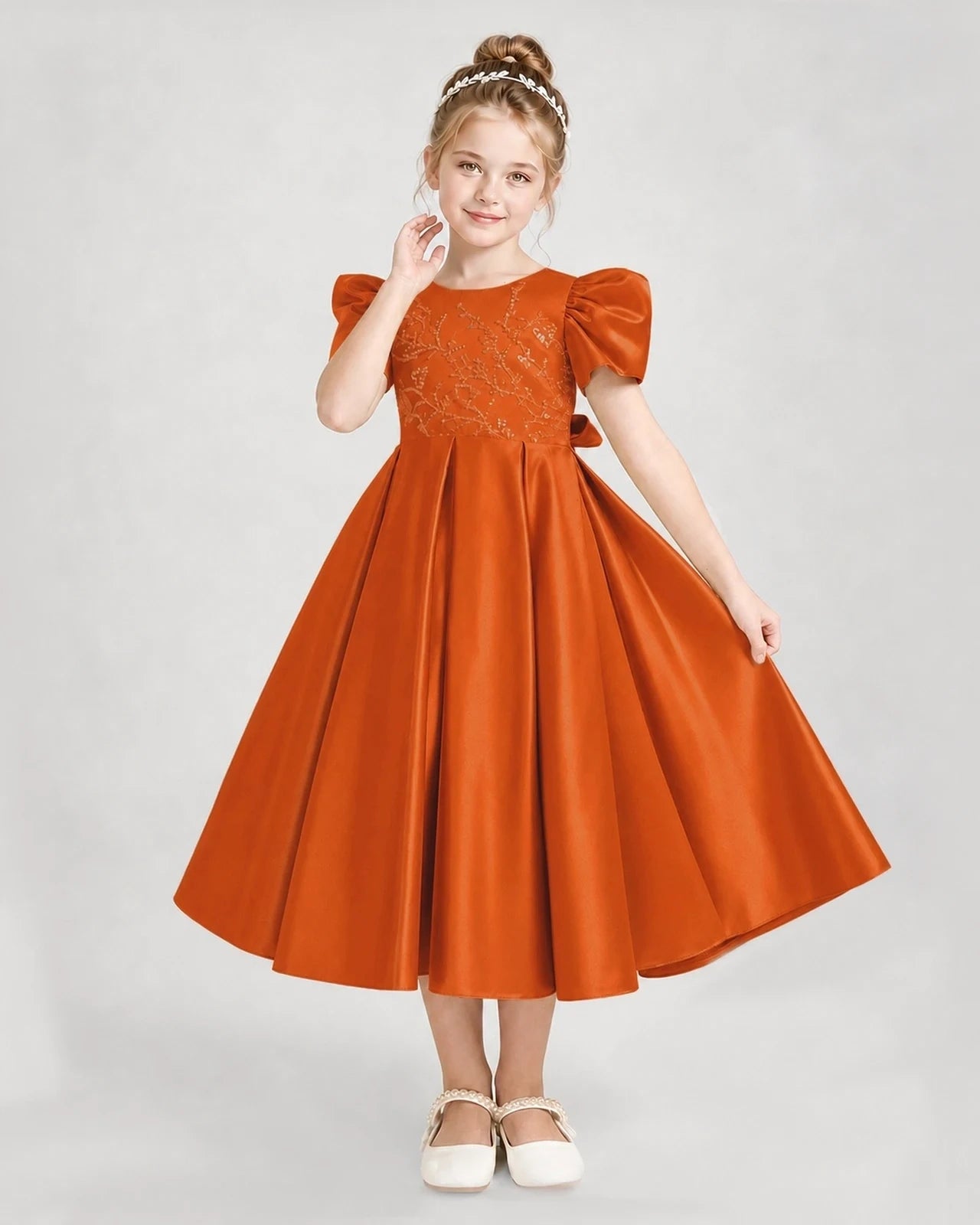 Dideyttawl Embroidered Satin Girl Formal Dress with Puff Sleeves
