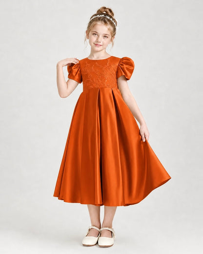 Dideyttawl Embroidered Satin Girl Formal Dress with Puff Sleeves