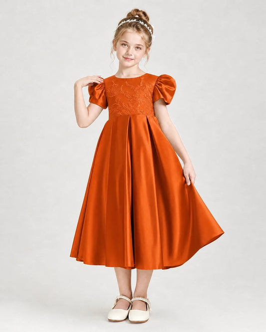 Burnt Orange Satin Puff Sleeve A-Line Girls Formal Dresses