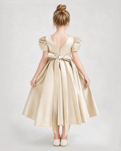 Dideyttawl Embroidered Satin Girl Formal Dress with Puff Sleeves