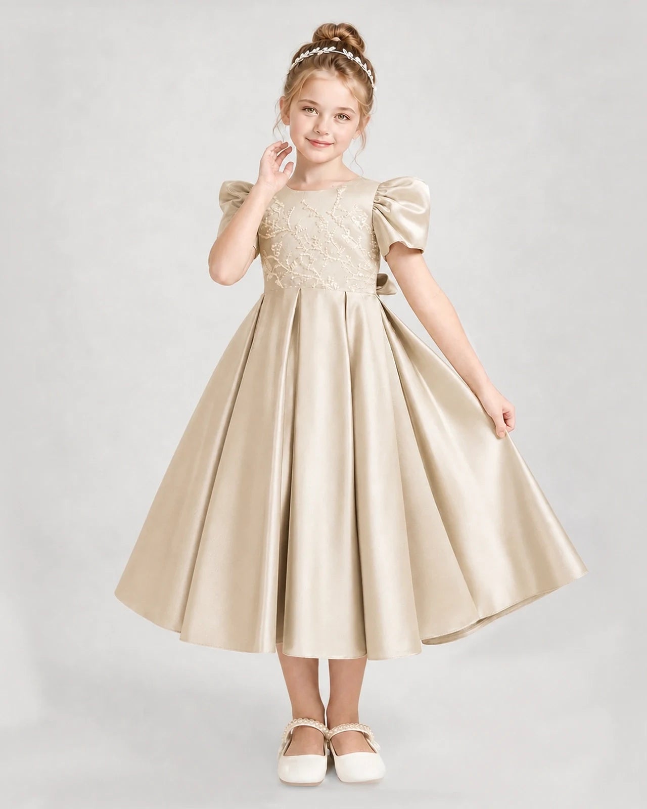 Dideyttawl Embroidered Satin Girl Formal Dress with Puff Sleeves