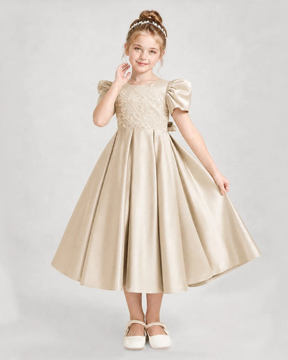 Dideyttawl Embroidered Satin Girl Formal Dress with Puff Sleeves