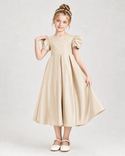 Dideyttawl Embroidered Satin Girl Formal Dress with Puff Sleeves