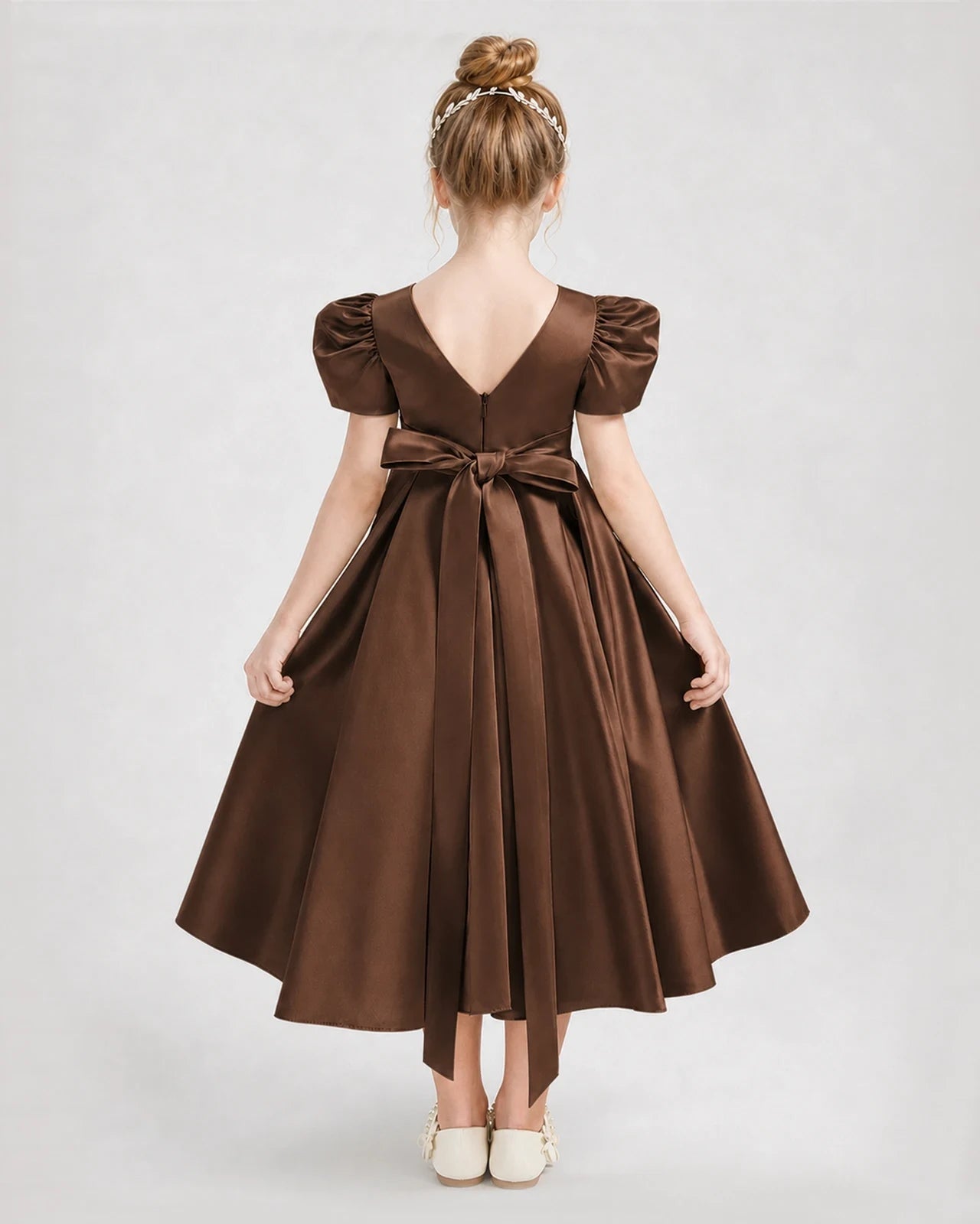 Dideyttawl Embroidered Satin Girl Formal Dress with Puff Sleeves