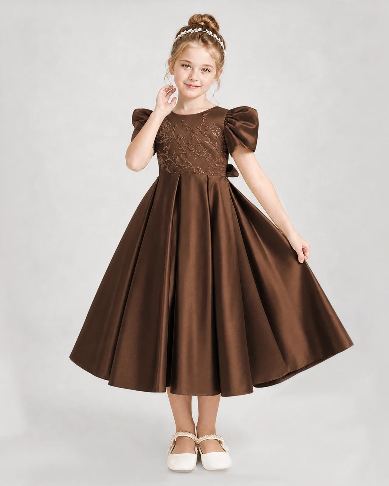 Dideyttawl Embroidered Satin Girl Formal Dress with Puff Sleeves