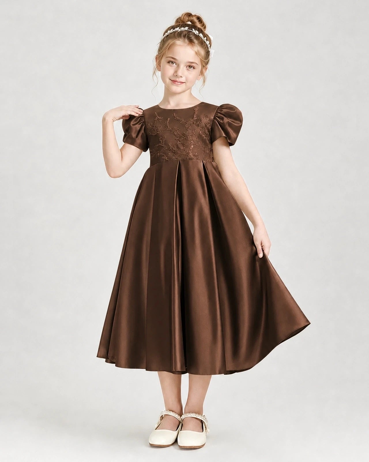 Dideyttawl Embroidered Satin Girl Formal Dress with Puff Sleeves