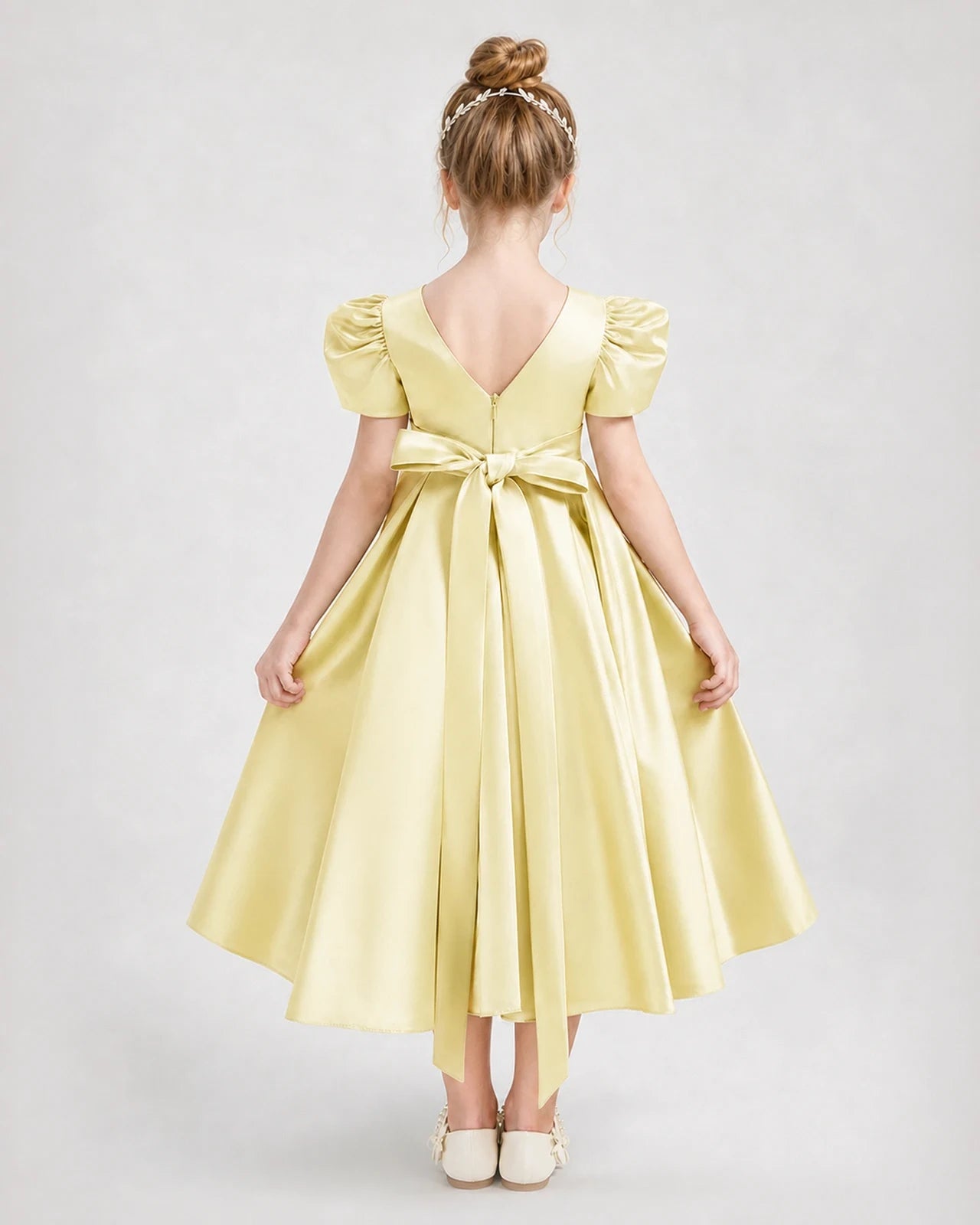 Dideyttawl Embroidered Satin Girl Formal Dress with Puff Sleeves
