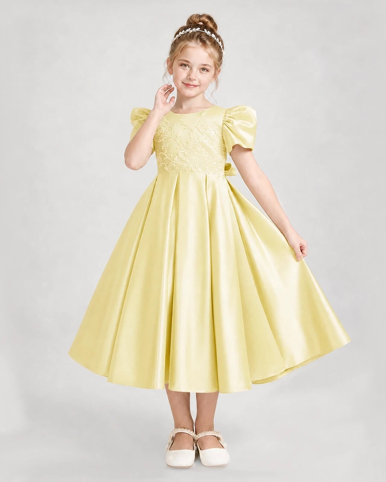 Dideyttawl Embroidered Satin Girl Formal Dress with Puff Sleeves