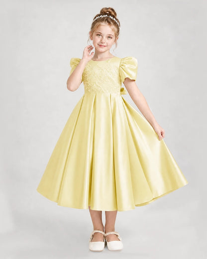 Dideyttawl Embroidered Satin Girl Formal Dress with Puff Sleeves