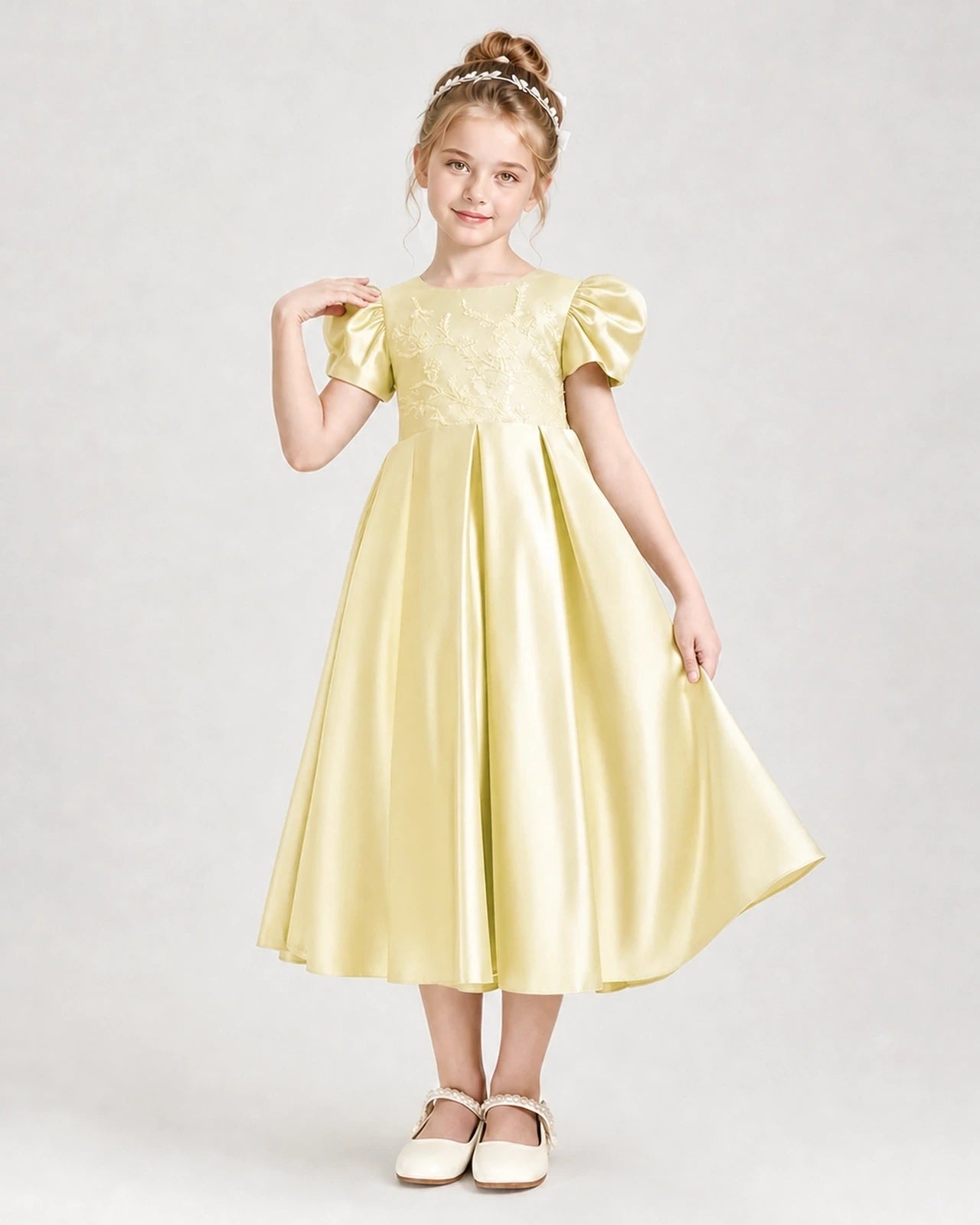 Dideyttawl Embroidered Satin Girl Formal Dress with Puff Sleeves