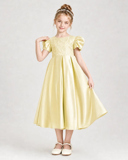 Dideyttawl Embroidered Satin Girl Formal Dress with Puff Sleeves