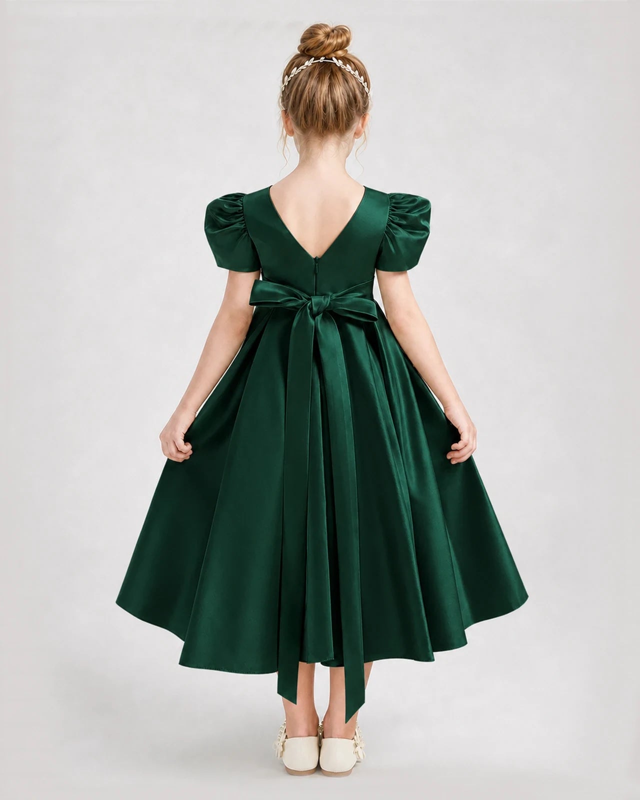 Dideyttawl Embroidered Satin Girl Formal Dress with Puff Sleeves