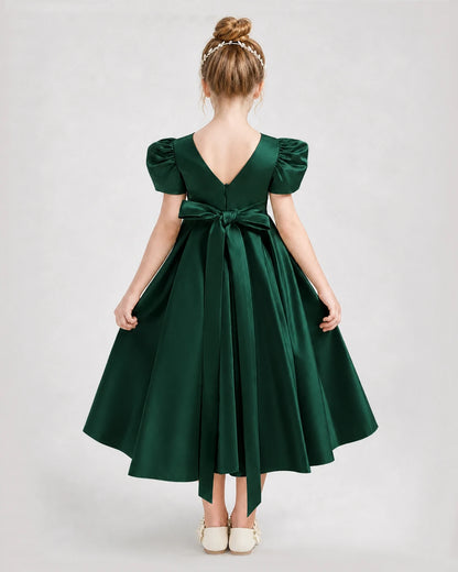 Dideyttawl Embroidered Satin Girl Formal Dress with Puff Sleeves