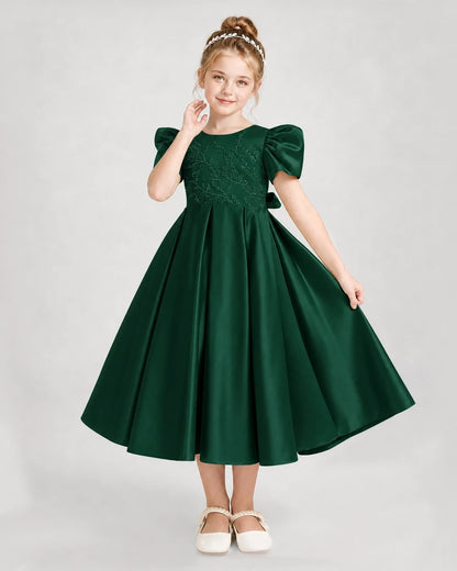 Dideyttawl Embroidered Satin Girl Formal Dress with Puff Sleeves