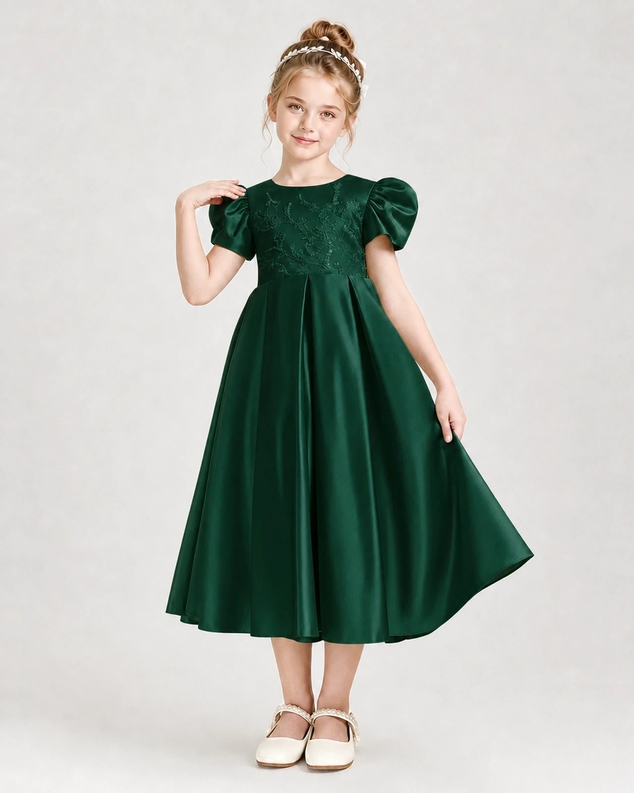 Dideyttawl Embroidered Satin Girl Formal Dress with Puff Sleeves