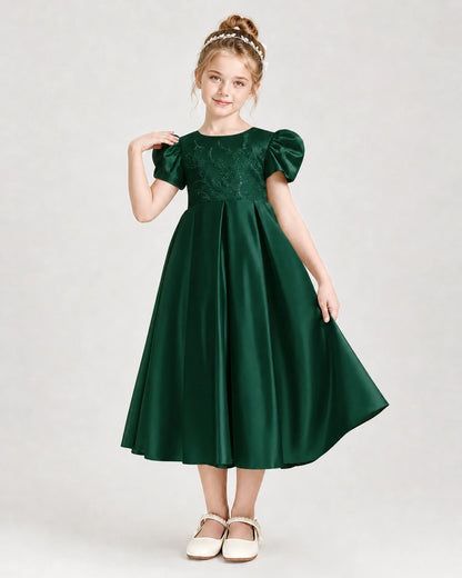 Dideyttawl Embroidered Satin Girl Formal Dress with Puff Sleeves