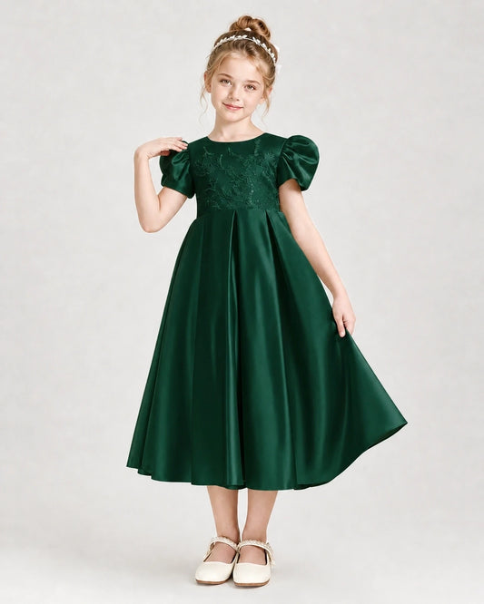 Dark green satin puffed-sleeve girls formal dress