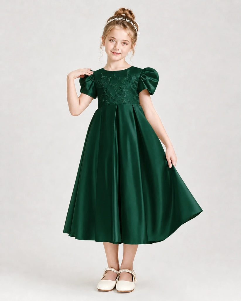 Dark green satin puffed-sleeve girls formal dress