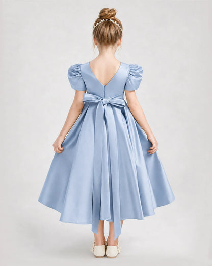 Dideyttawl Embroidered Satin Girl Formal Dress with Puff Sleeves