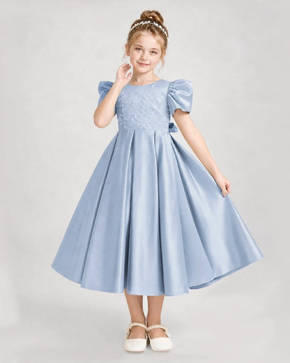 Dideyttawl Embroidered Satin Girl Formal Dress with Puff Sleeves