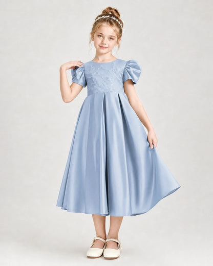 Dideyttawl Embroidered Satin Girl Formal Dress with Puff Sleeves