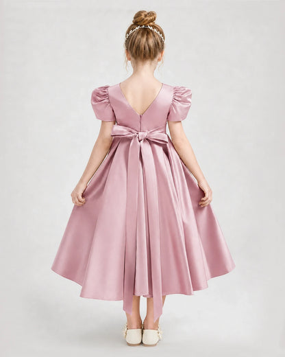 Dideyttawl Embroidered Satin Girl Formal Dress with Puff Sleeves