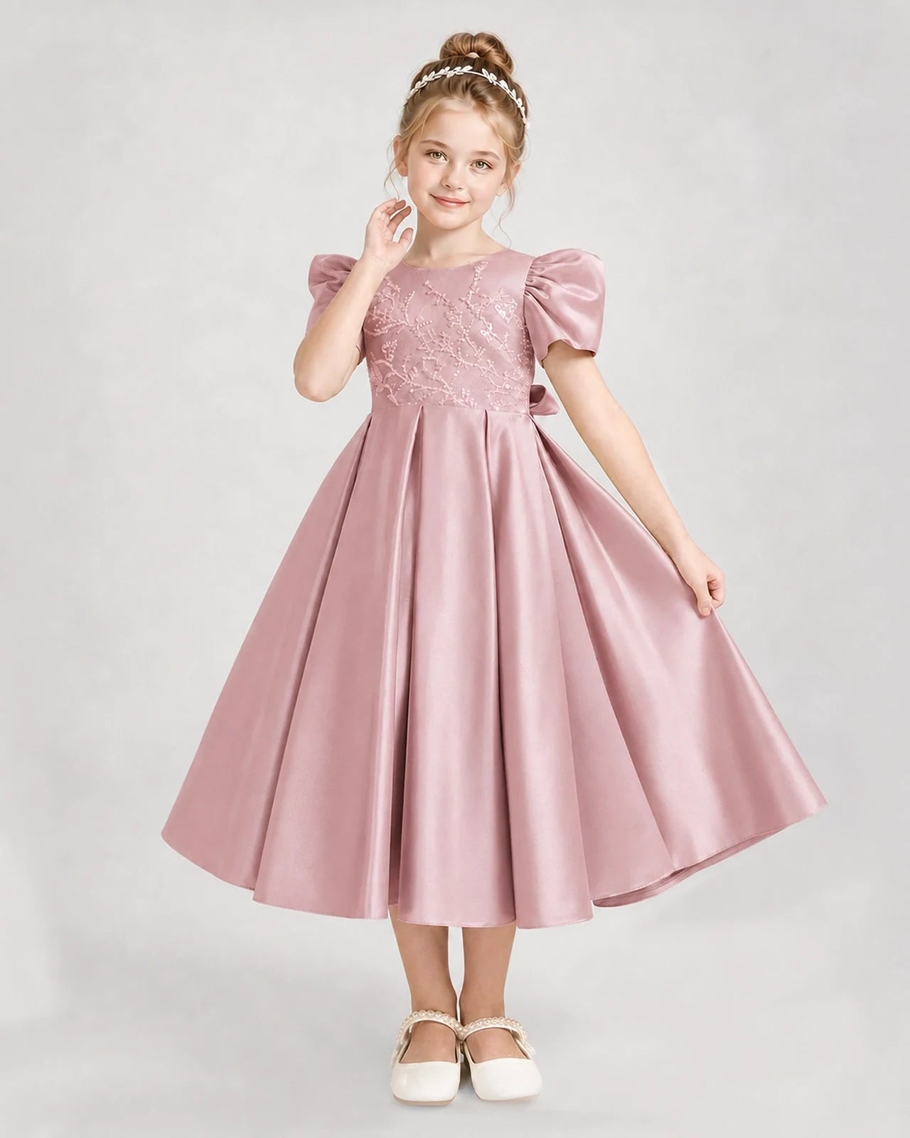 Dideyttawl Embroidered Satin Girl Formal Dress with Puff Sleeves