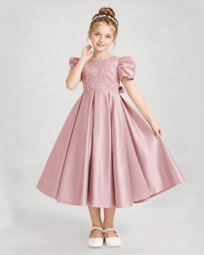 Dideyttawl Embroidered Satin Girl Formal Dress with Puff Sleeves