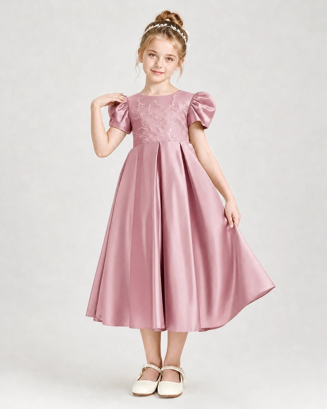 Dideyttawl Embroidered Satin Girl Formal Dress with Puff Sleeves