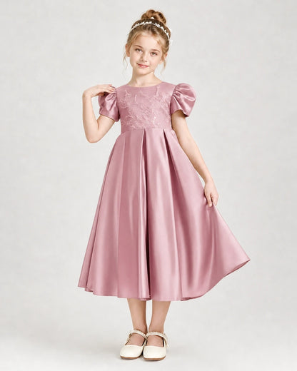 Dideyttawl Embroidered Satin Girl Formal Dress with Puff Sleeves