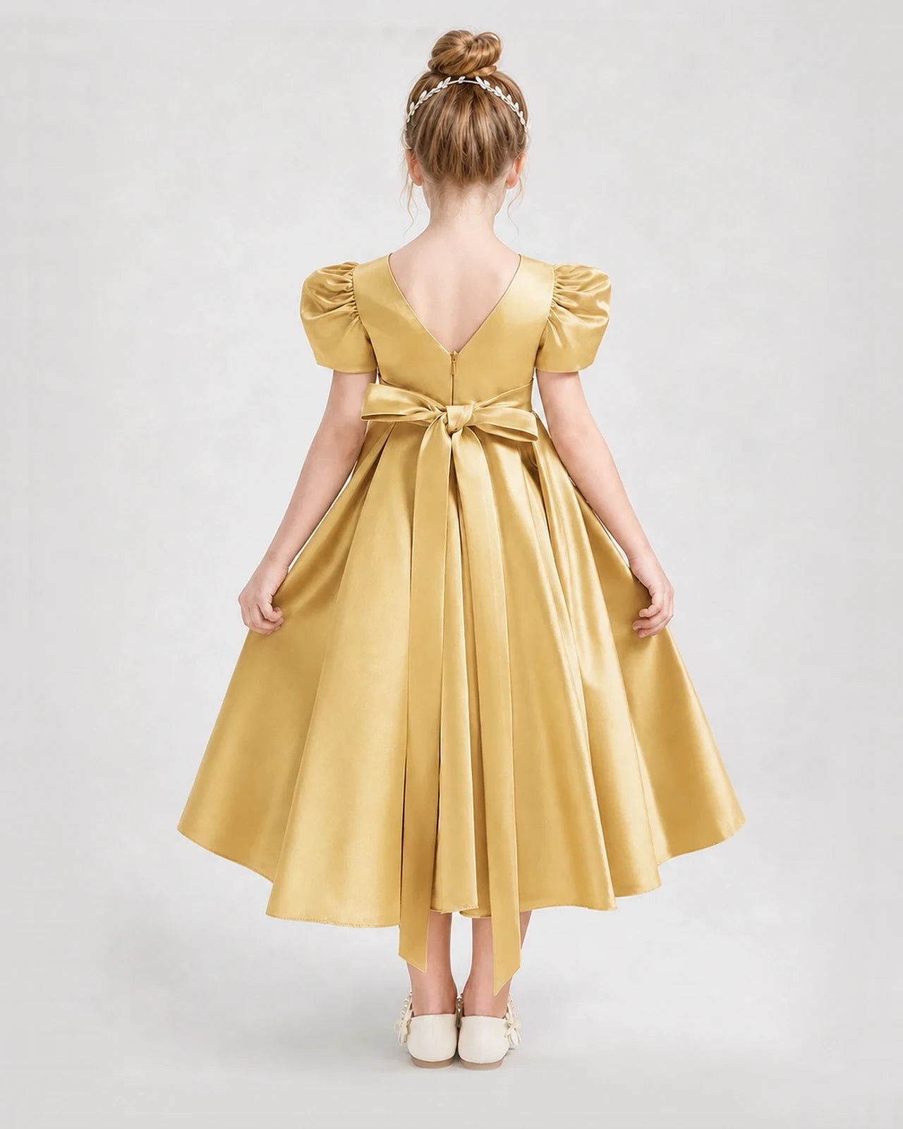 Dideyttawl Embroidered Satin Girl Formal Dress with Puff Sleeves