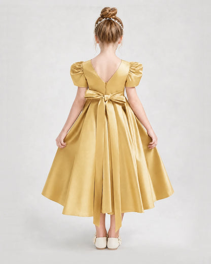 Dideyttawl Embroidered Satin Girl Formal Dress with Puff Sleeves