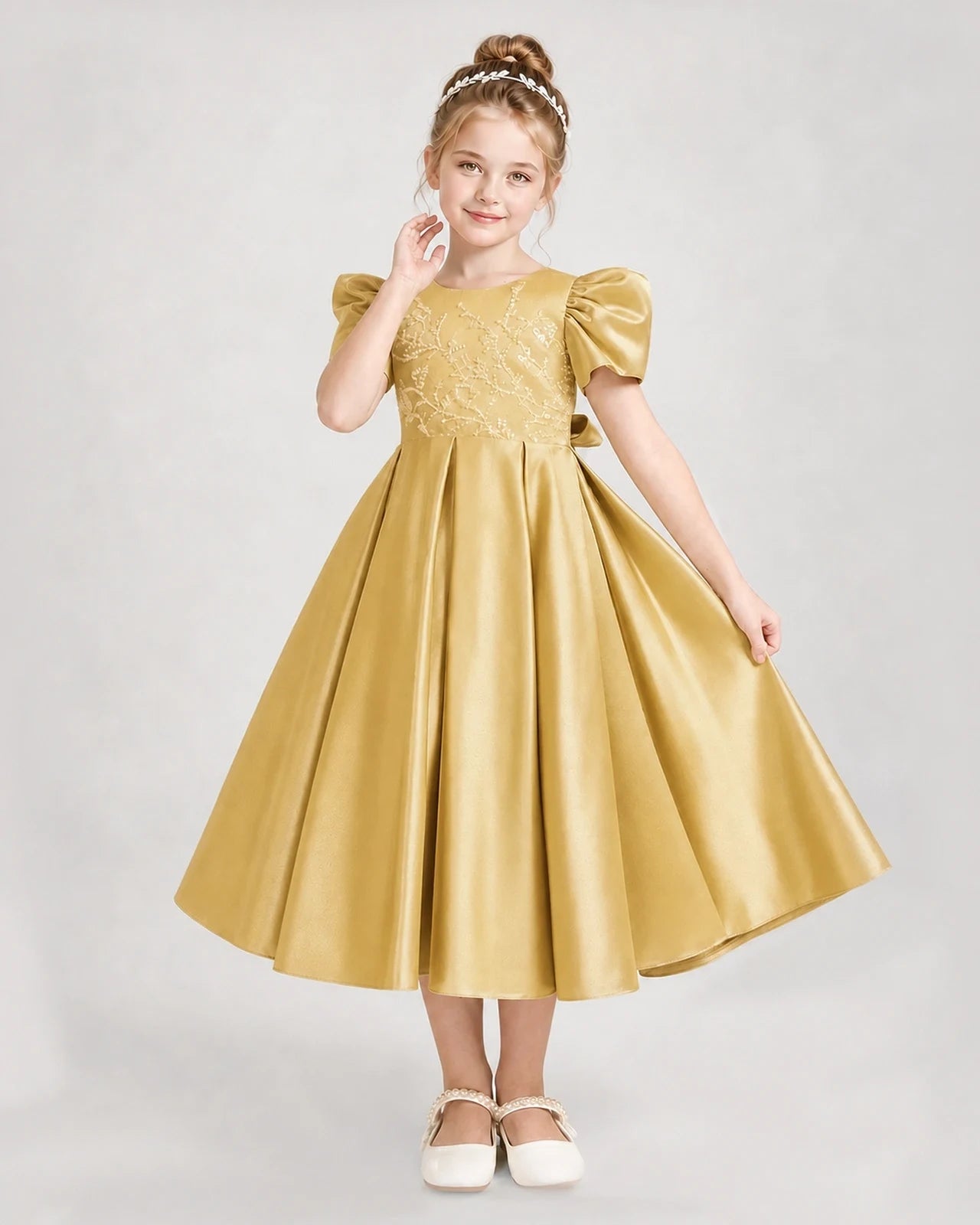 Dideyttawl Embroidered Satin Girl Formal Dress with Puff Sleeves