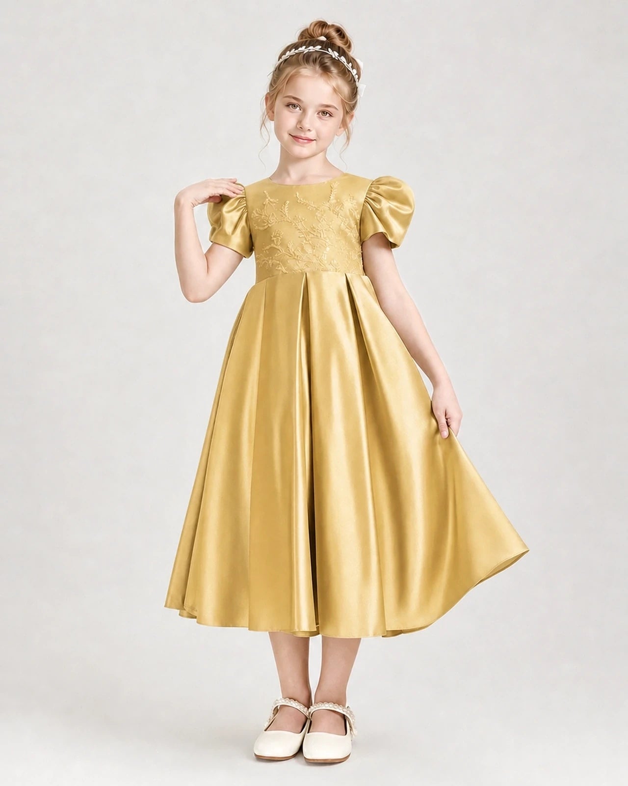 Dideyttawl Embroidered Satin Girl Formal Dress with Puff Sleeves