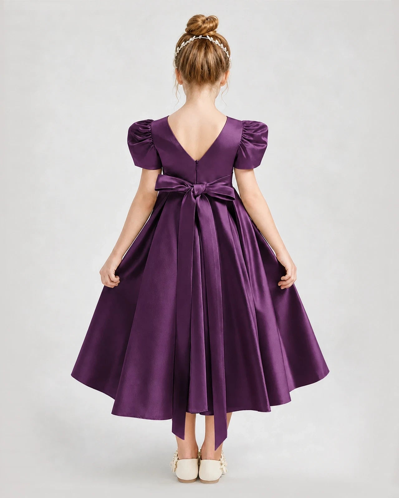 Dideyttawl Embroidered Satin Girl Formal Dress with Puff Sleeves