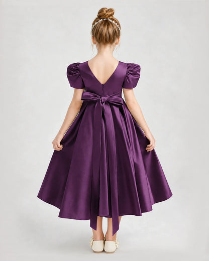 Dideyttawl Embroidered Satin Girl Formal Dress with Puff Sleeves