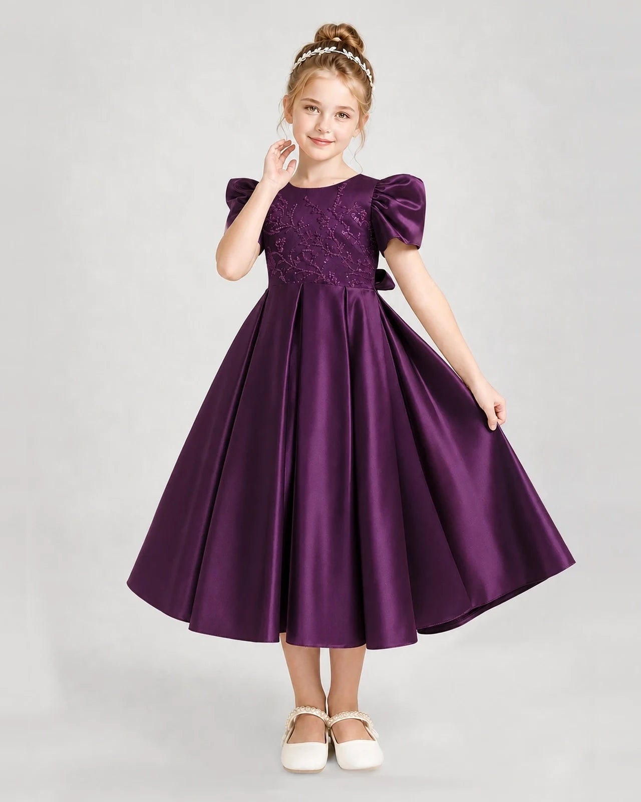 Dideyttawl Embroidered Satin Girl Formal Dress with Puff Sleeves