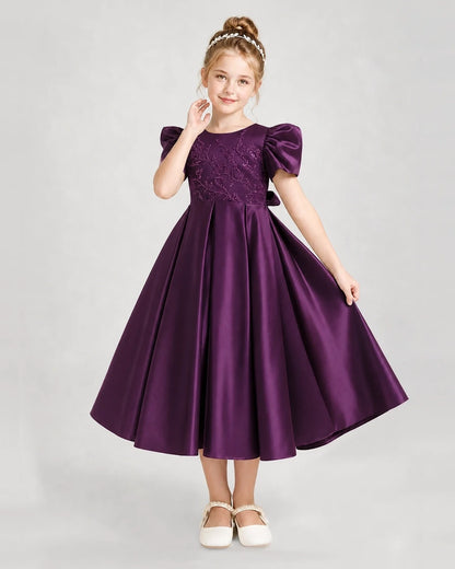Dideyttawl Embroidered Satin Girl Formal Dress with Puff Sleeves