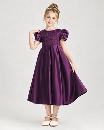 Dideyttawl Embroidered Satin Girl Formal Dress with Puff Sleeves