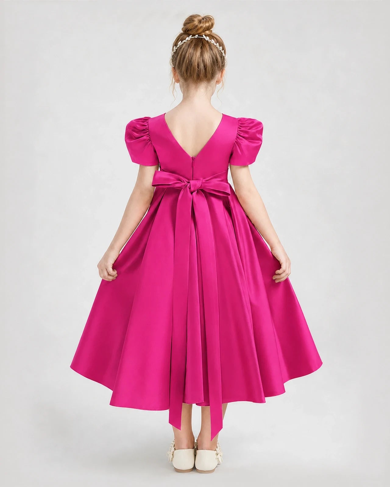 Dideyttawl Embroidered Satin Girl Formal Dress with Puff Sleeves
