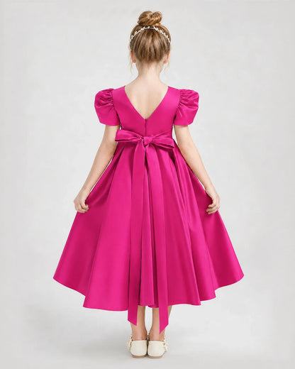Dideyttawl Embroidered Satin Girl Formal Dress with Puff Sleeves