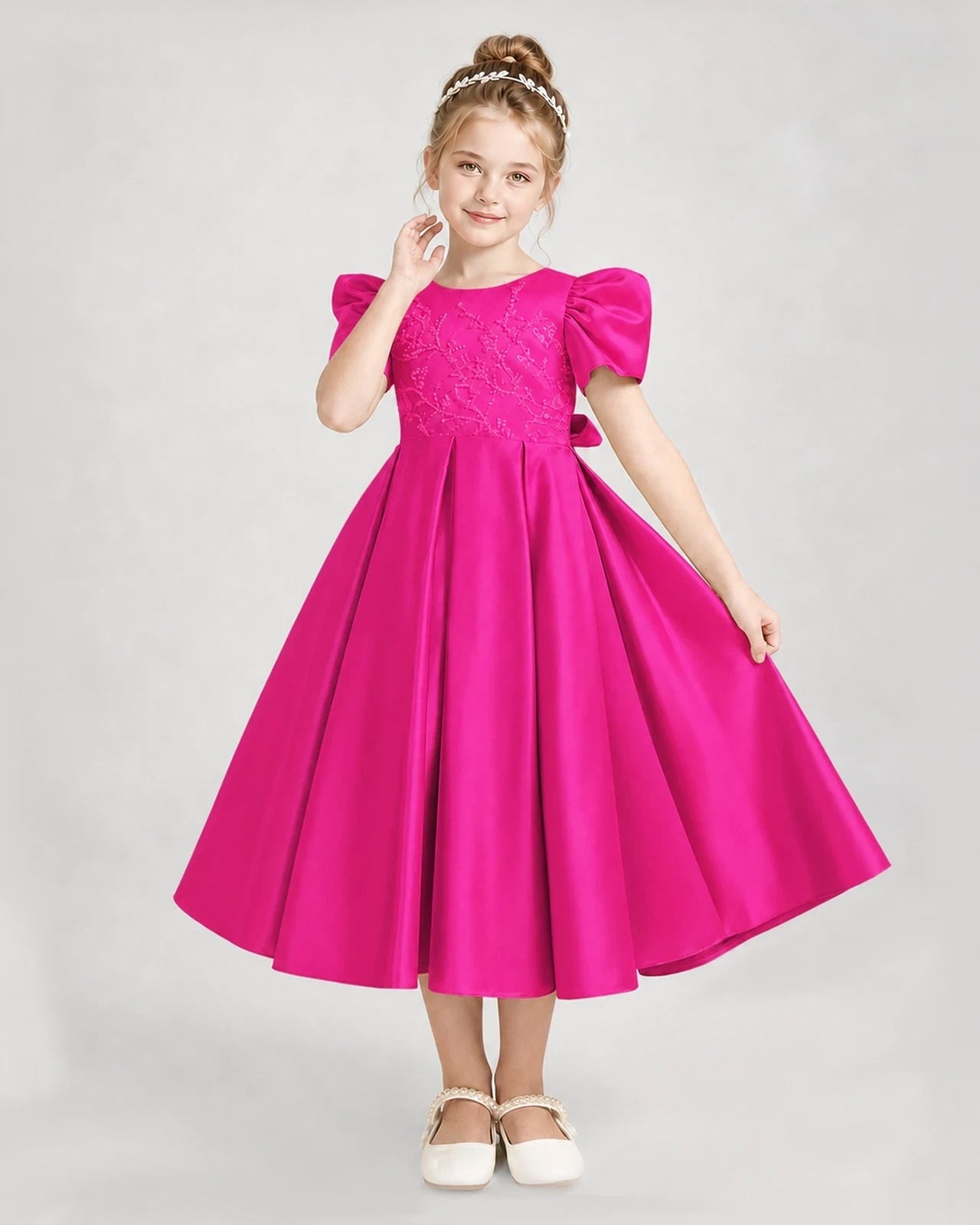 Dideyttawl Embroidered Satin Girl Formal Dress with Puff Sleeves