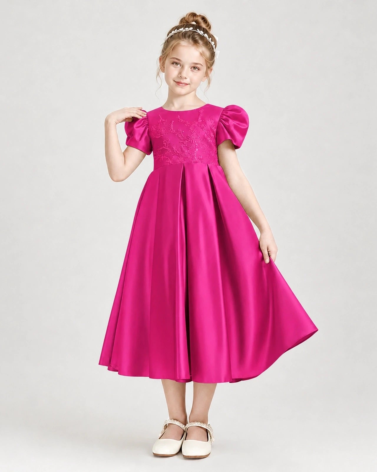 Dideyttawl Embroidered Satin Girl Formal Dress with Puff Sleeves