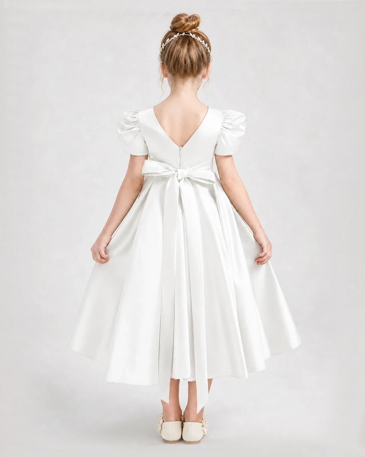 Dideyttawl Embroidered Satin Girl Formal Dress with Puff Sleeves