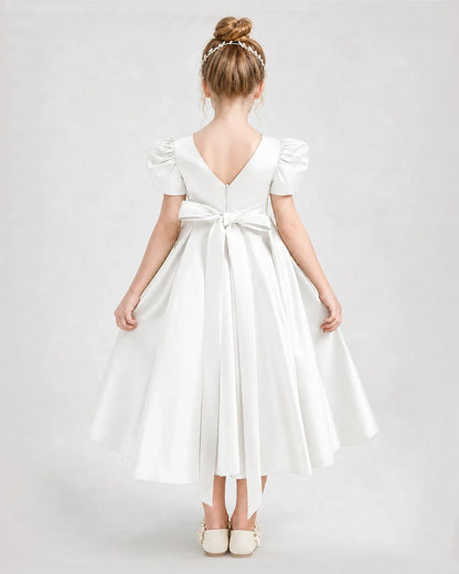 Dideyttawl Embroidered Satin Girl Formal Dress with Puff Sleeves
