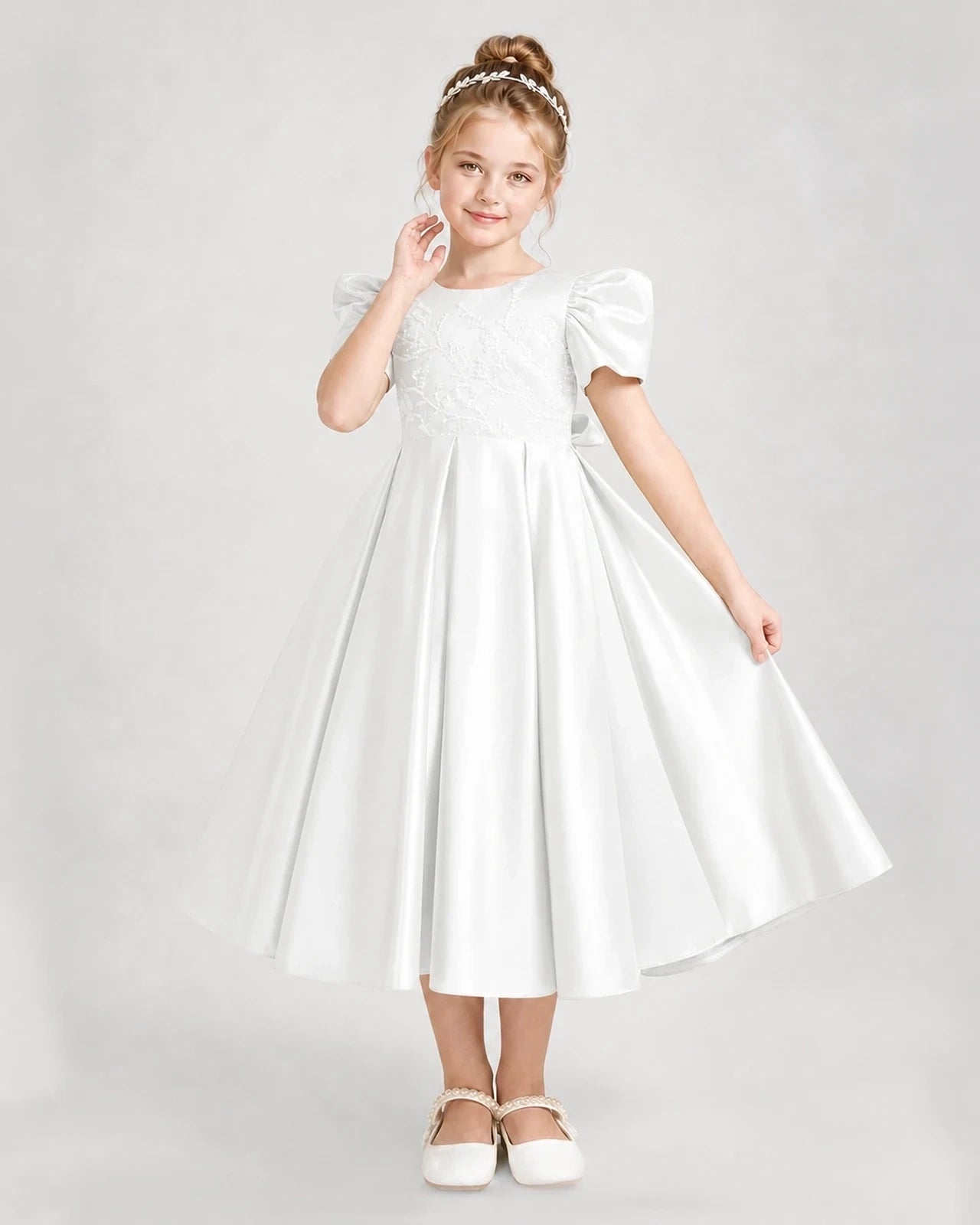 Dideyttawl Embroidered Satin Girl Formal Dress with Puff Sleeves